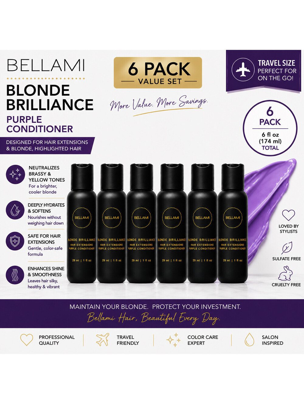 Bellami Blonde Brilliance Purple Conditioner 6 Pack Travel Size 6 x 1 fl oz